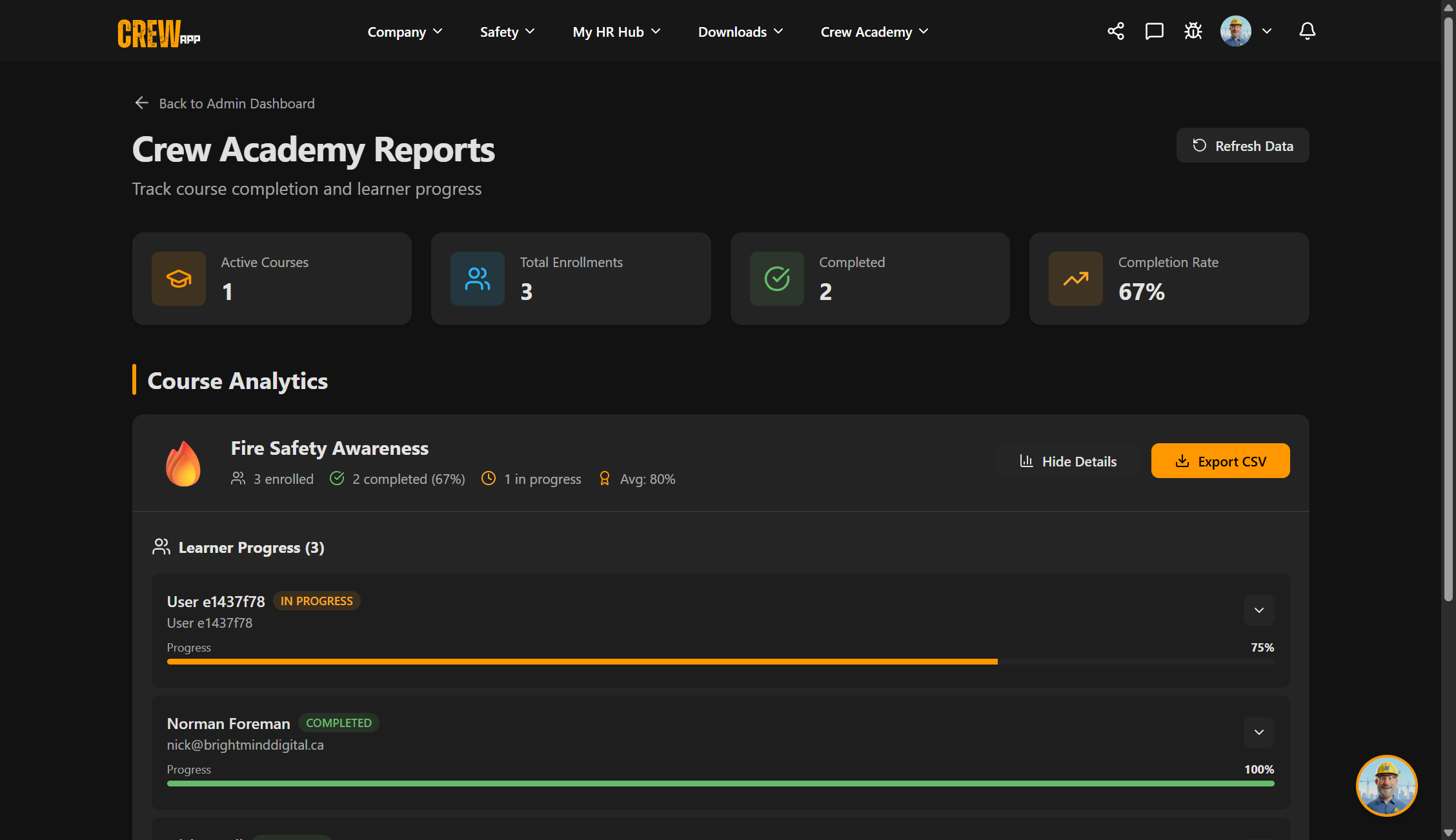 Crew Academy Reports Dashboard