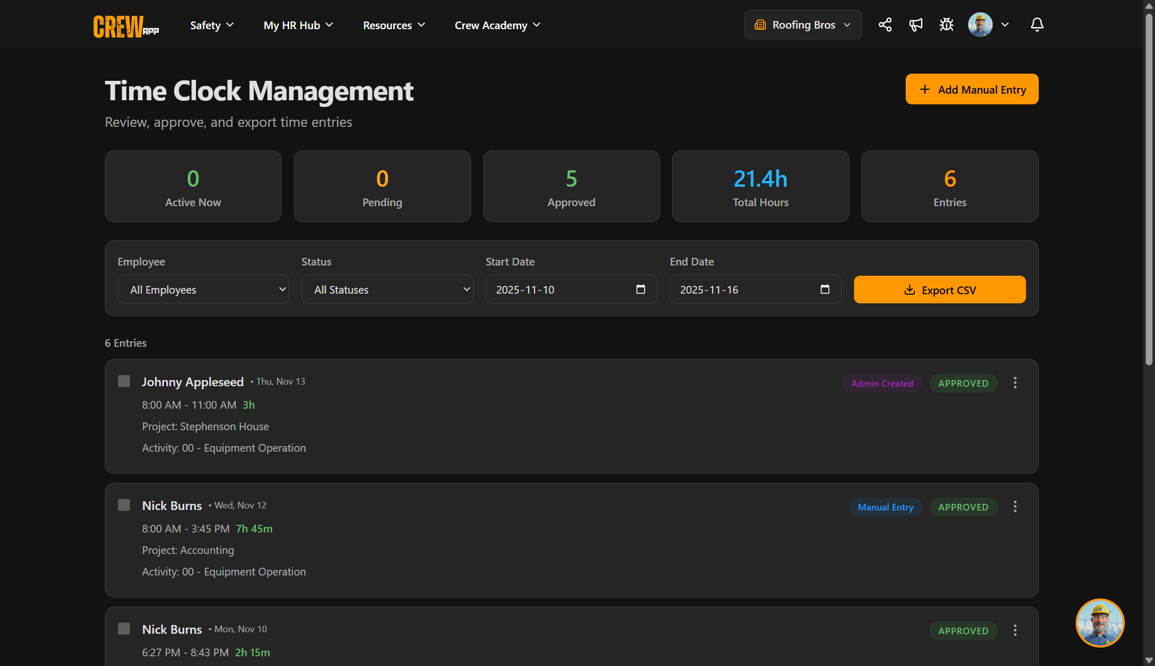 Admin Time Clock Management - Approval Workflow and CSV Export